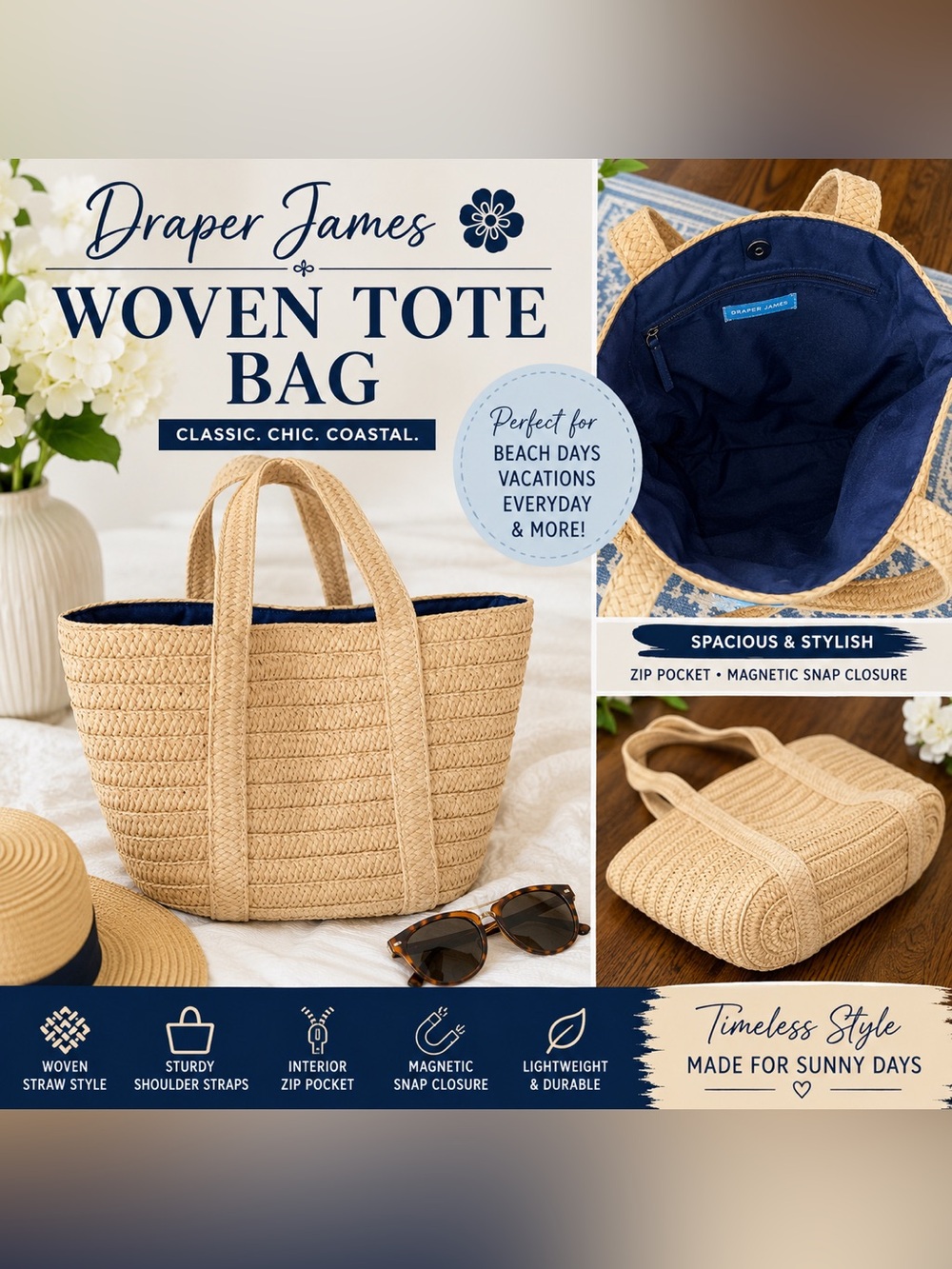 Draper James Natural Woven Straw Tote Bag Navy Lining